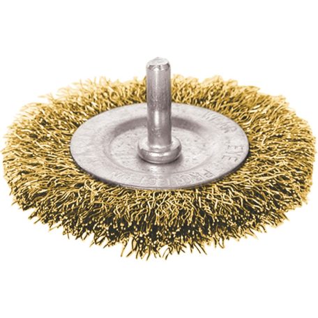 EXTOL drótcsiszoló körkefe, 63mm, fúrógépbe fogható: 6mm csap, hullámos szálú, rezezett acél, max 4500 frod/perc