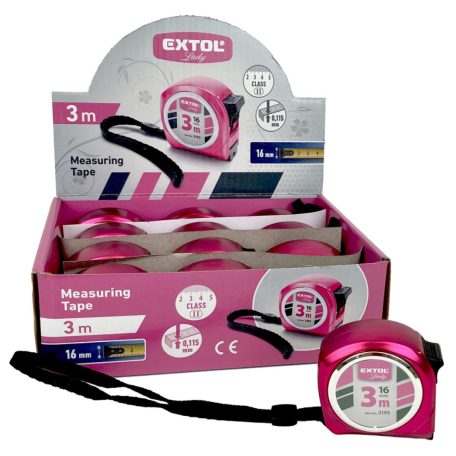Extol Lady mérőszalag, gumírozott, 1 stoppos; rózsaszín, 3mx16mm