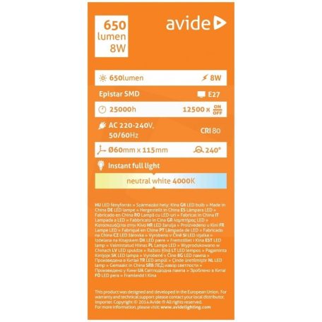 Avide LED Globe G60 8W E27 240° NW 4000K