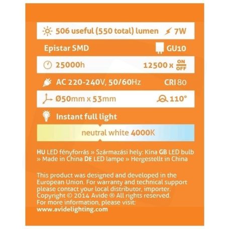 Avide LED Spot Alu+plastic 7W GU10 110° NW 4000K