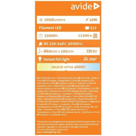 Avide LED Filament Globe 10W E27 360° NW4000K