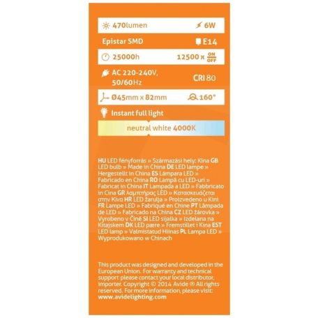 Avide LED Globe mini G45 6W E14 NW 4000K